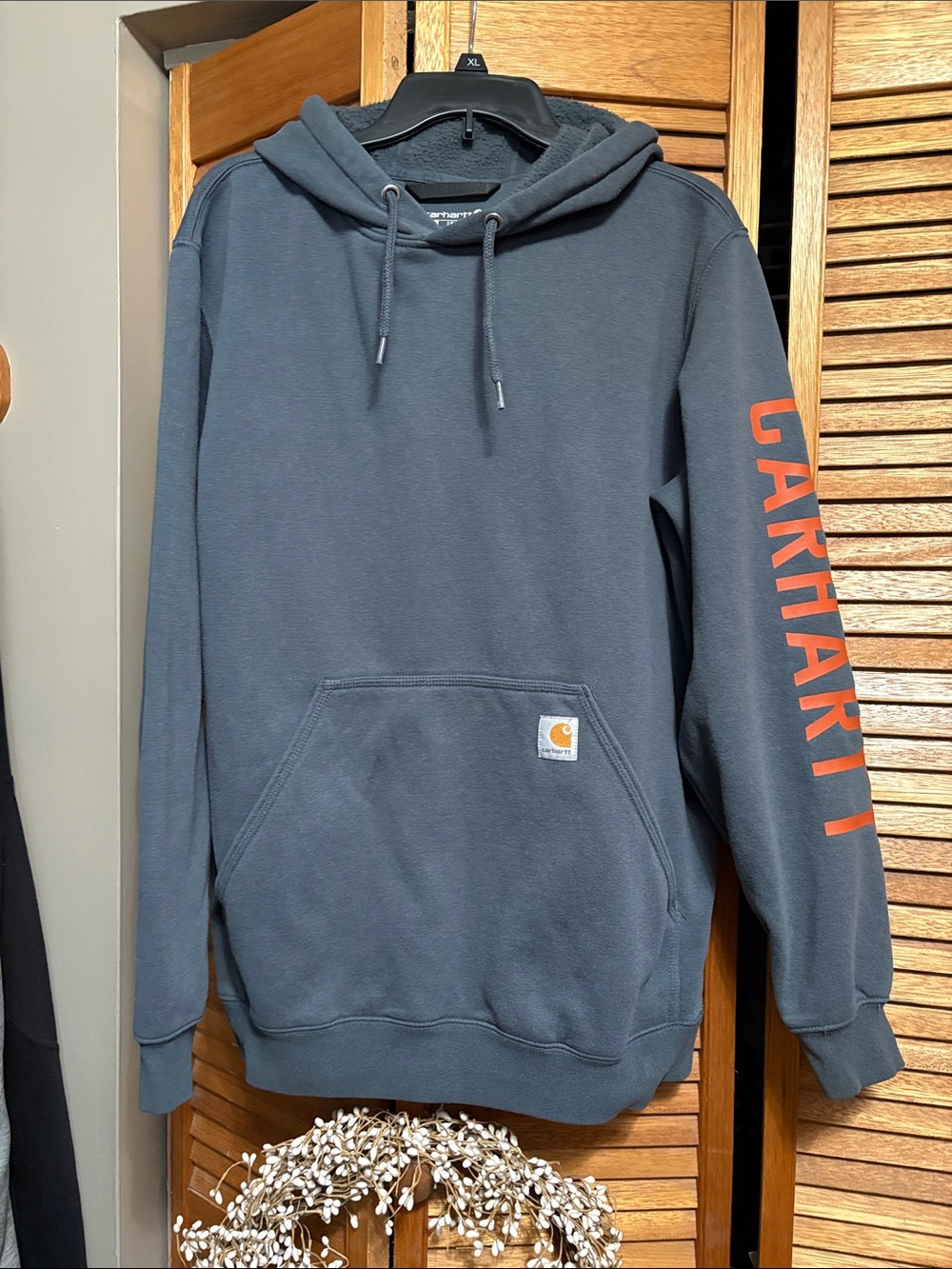 Carhartt Charcoal Hoodie with Orange Sleeve Logo